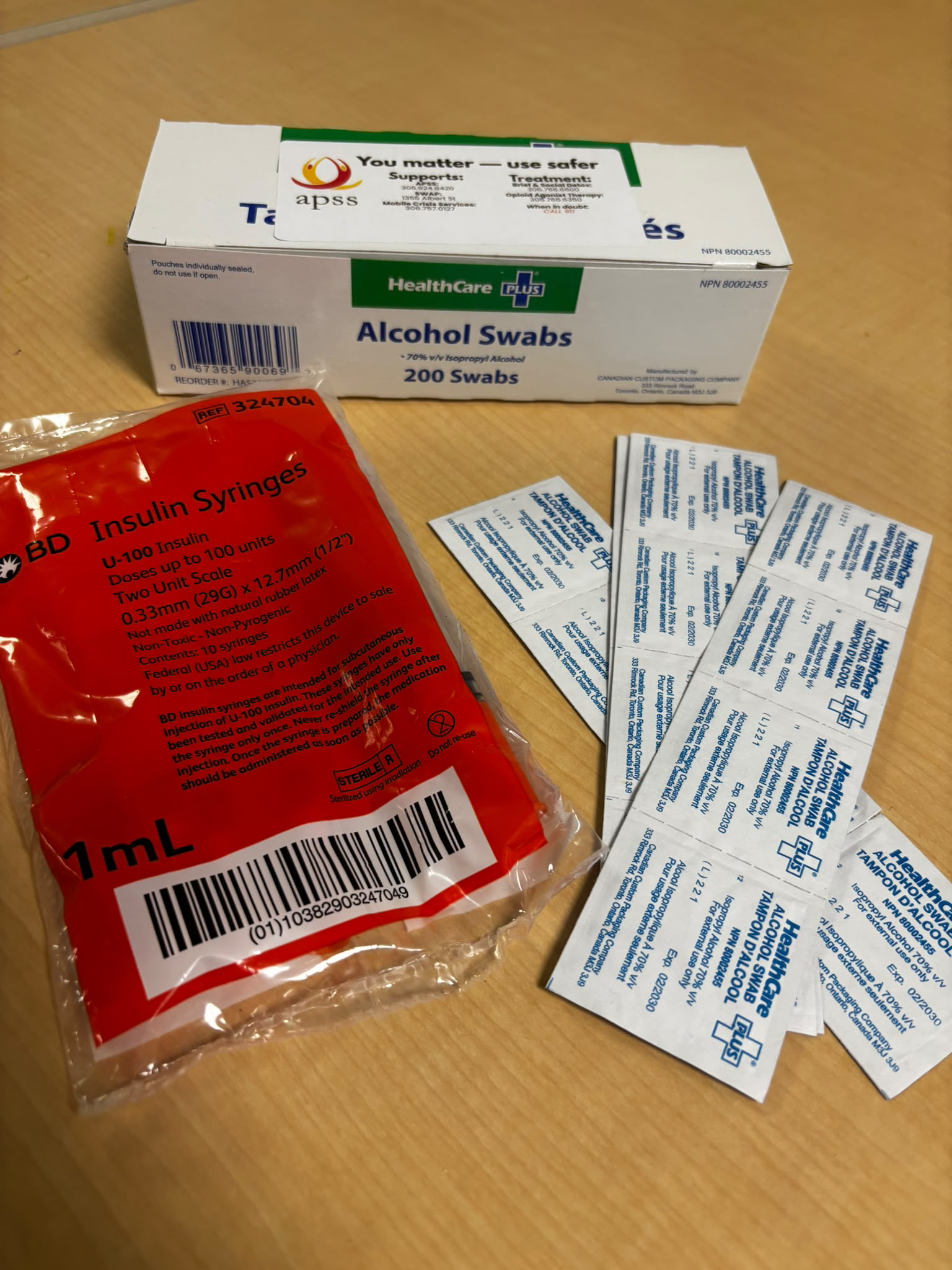 A ten pack of insulin syringes and alcohol swab